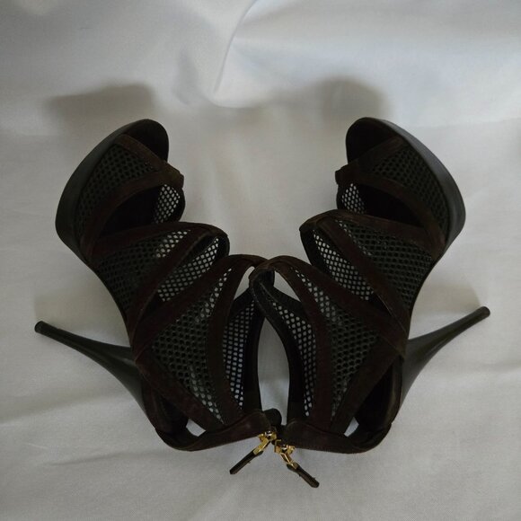 Fendi Sandalo Camoscio Rete Nylon Suede Mesh Heels Brown SZ 36.5 (6.5) - Picture 8 of 14